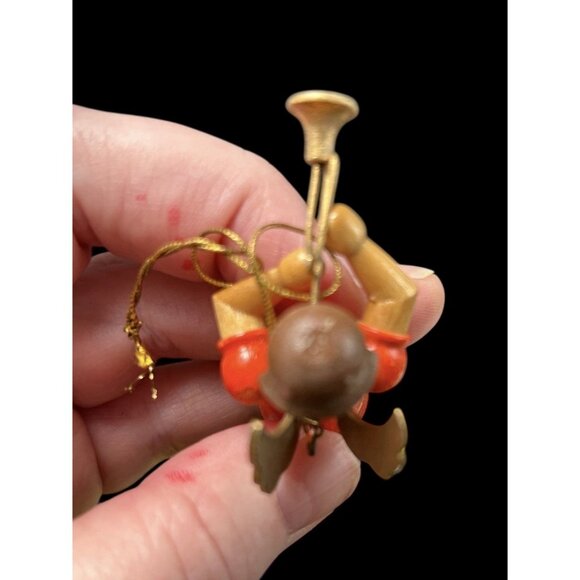 Erzgebirge Figure Ornament Wooden Angel playing Trumpet Musical Instrument 2.5" - Picture 5 of 10